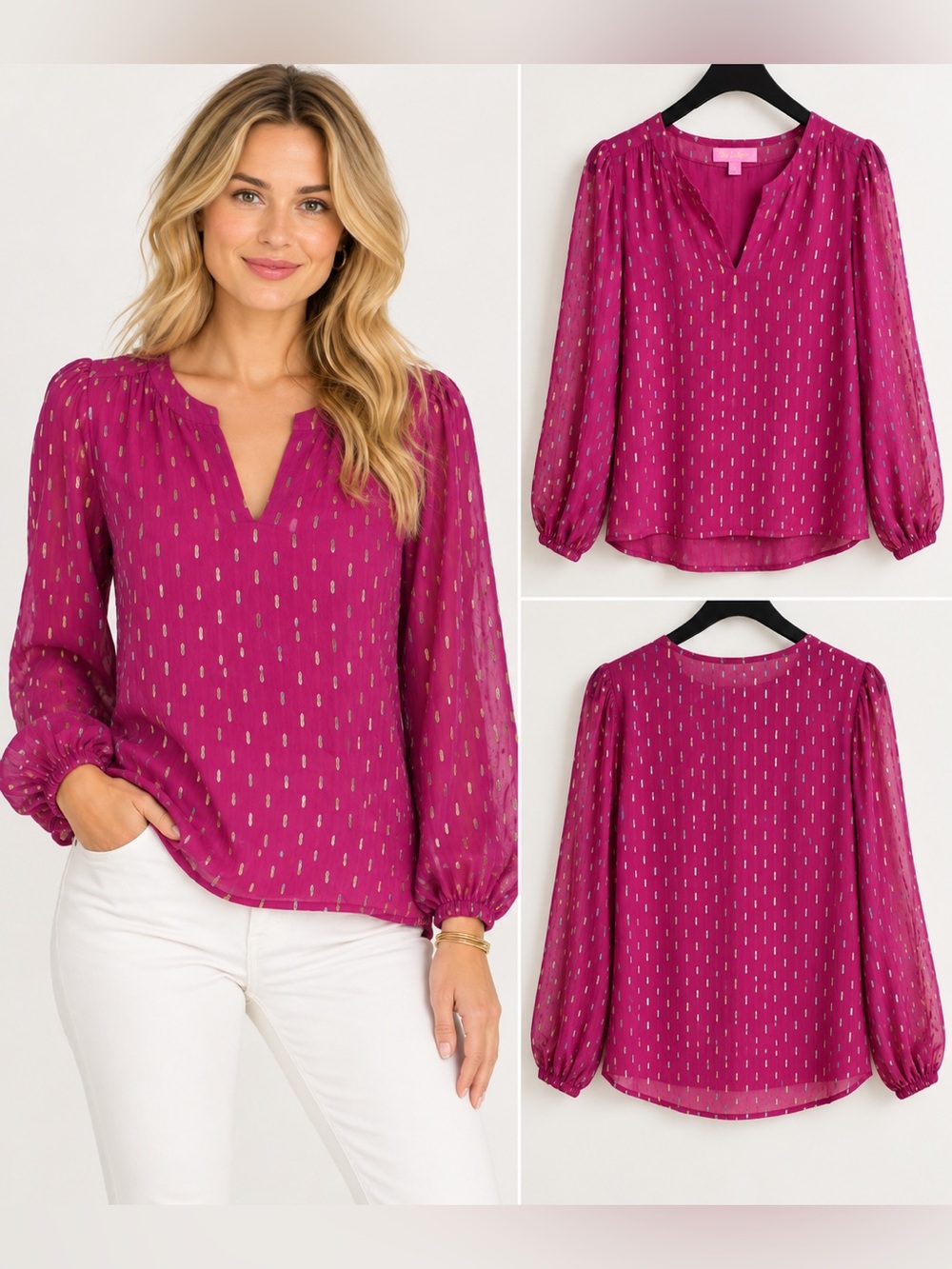 Lilly Pulitzer Aaron Silk Blouse S Bordeaux Berry Metallic Pink